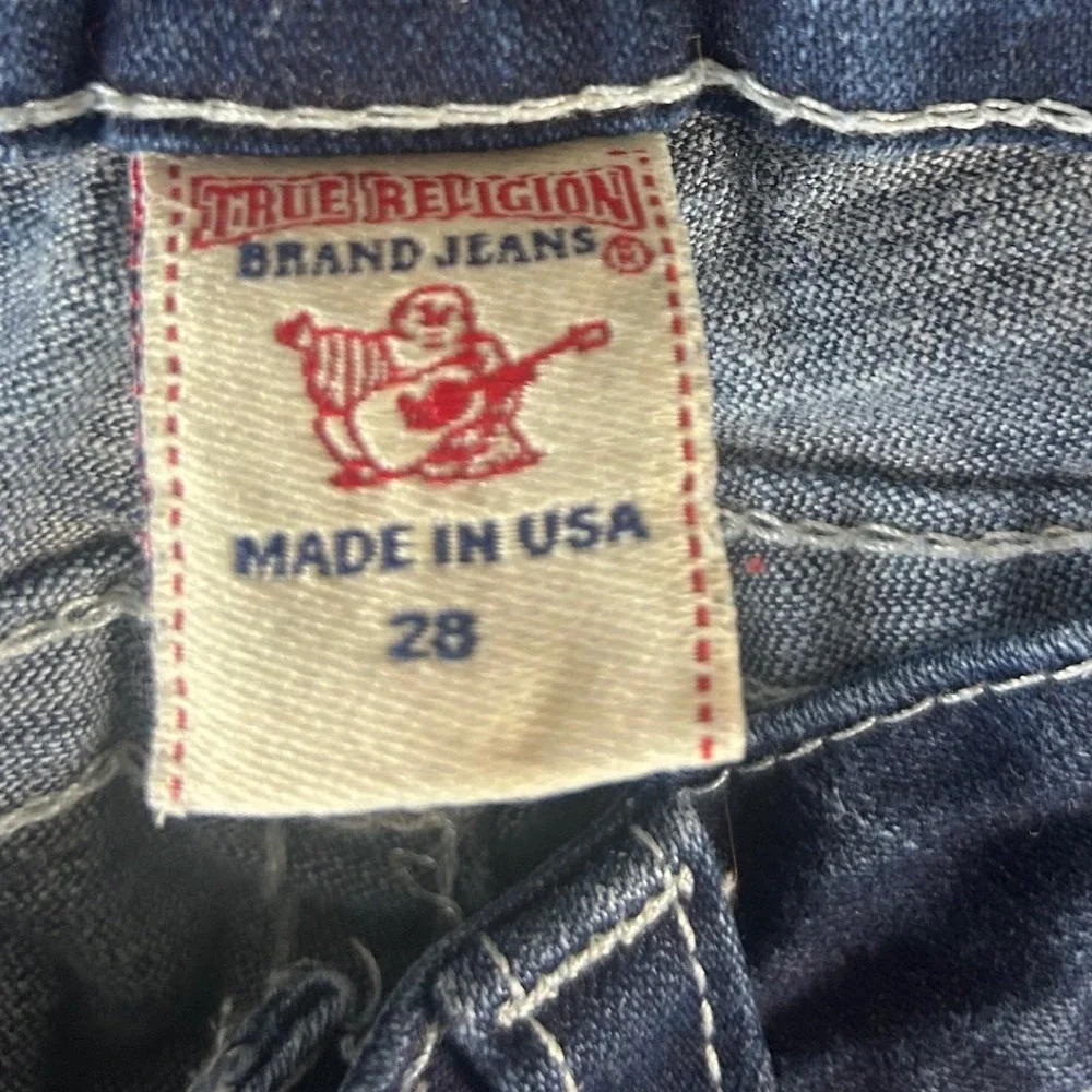 True Religion Mens Slim Straight Indigo Jeans Pearl Buttons White Stitch Size 28